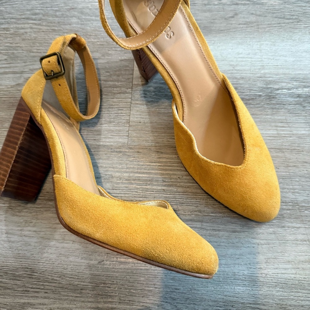 Soludos Mustard Suede Block Heel Ankle Strap Pumps - Picture 7 of 8
